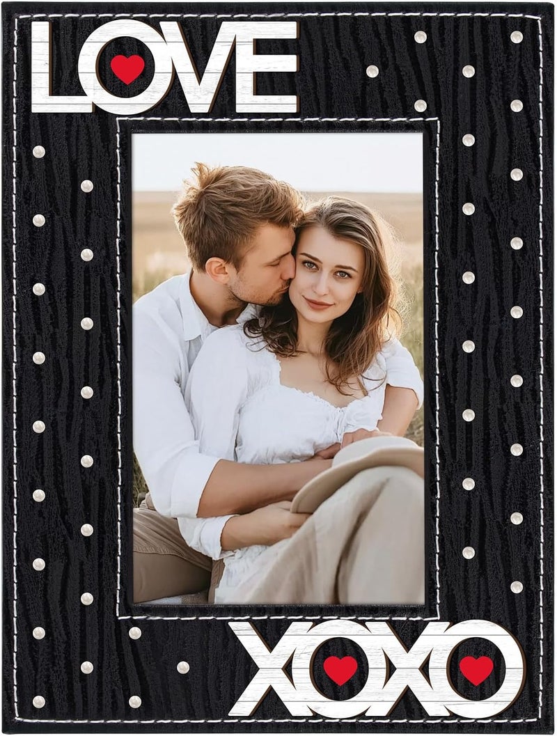 FLYAB Black Love Picture Frame 4x6 Valentines Day Pictrue Frames Leather Photo Frame for Tabletop Valentines Day Gifts for Couple Men Family - Image 1